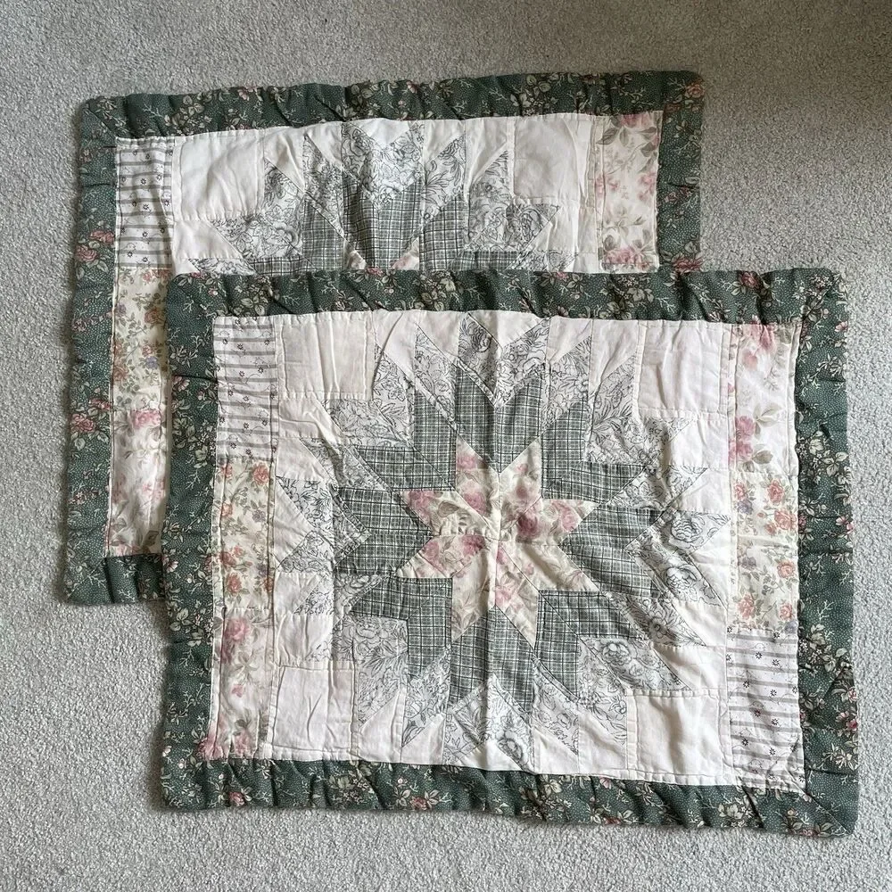 Vintage Quilted Pillow Shams Cases Cottagecore Rustic Boho Queen Size Set of 2
